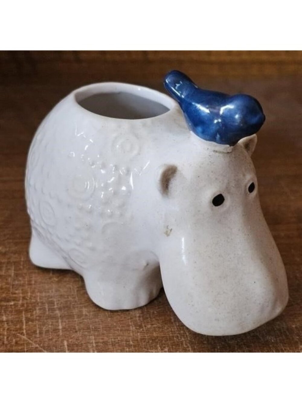 Enesco Imports Japan Ceramic Hippo Planter with Blue Bird